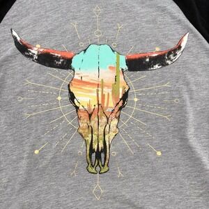 Rebellious One Women's 1X‎ Gray Black Long Sleeve Bull Skull Graphic Baseball T